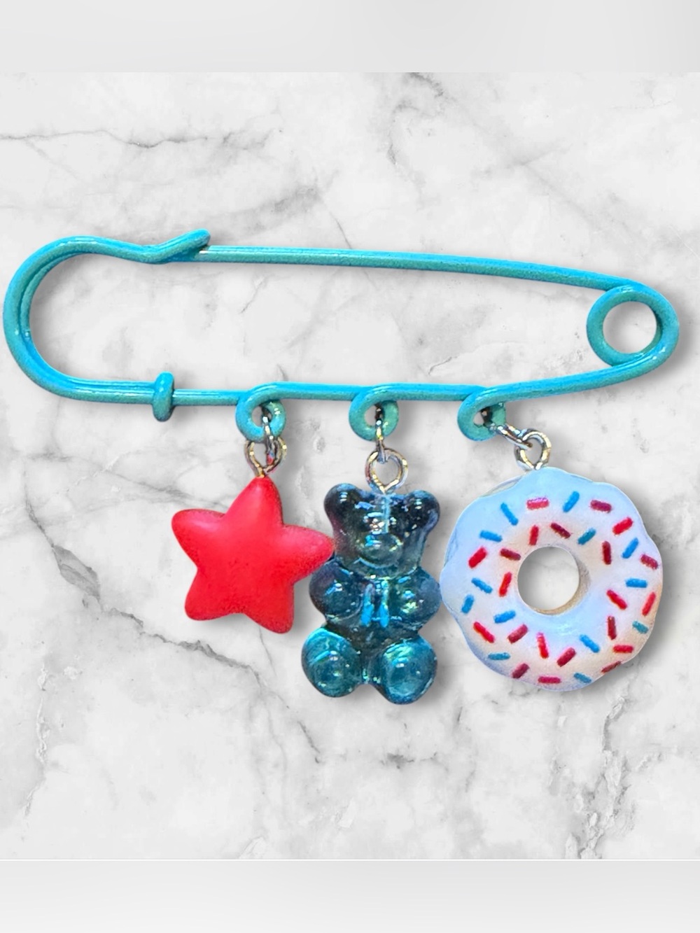 Aqua Safety Pin Charm Brooch with Red Star, Blue Gummy Bear & White Donut